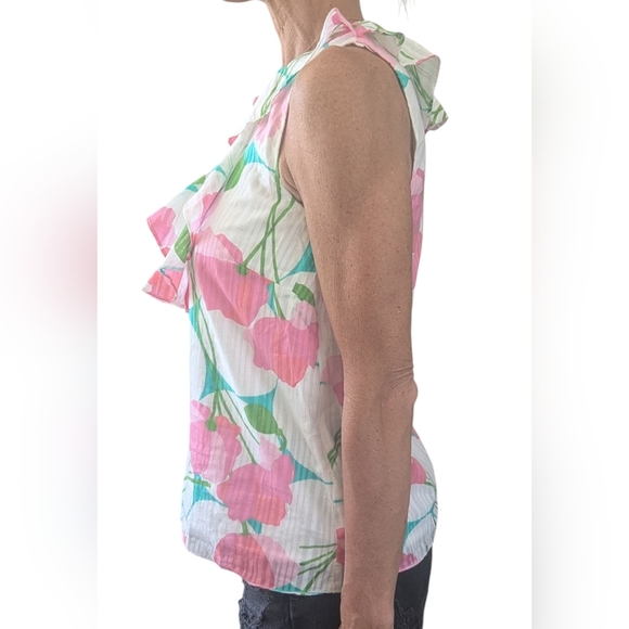Lilly Pulitzer COTTON Ruffled Flirty Pink Green Floral Print Sleeveless Blouse S - Picture 12 of 15